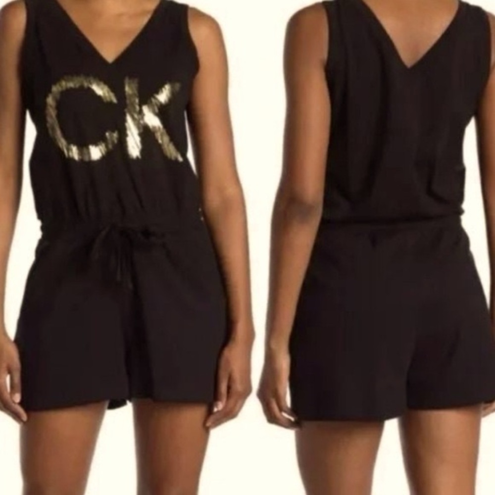 Calvin Klein Womens V-Neck Sleeveless with Gold Logo Black Romper Sz M